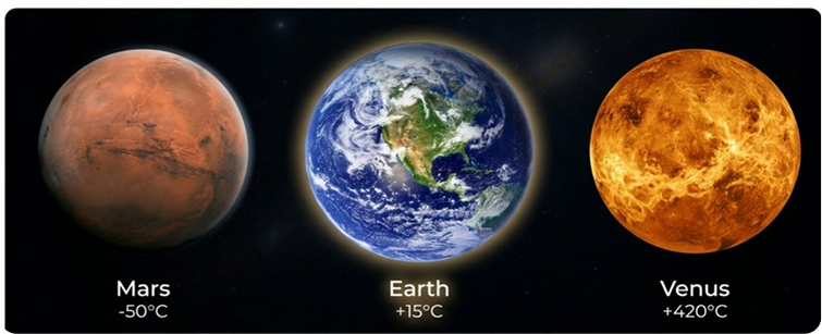 Mars at -50°C, Earth at +15°C, and Venus at +420°C compared side by side