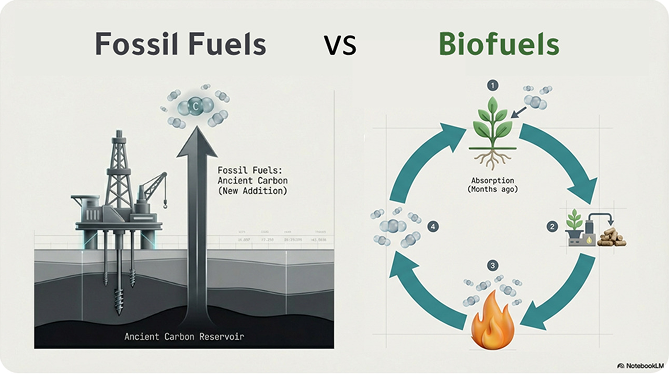 Fossil fuels releasing ancient carbon versus biofuels cycling carbon absorbed months earlier through harvest, processing, and combustion