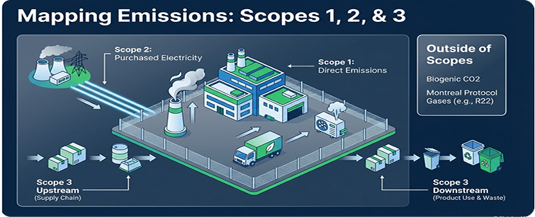Mapping Scope 1 direct emissions at the facility, Scope 2 purchased electricity, Scope 3 upstream and downstream value chain, and Outside of Scopes items such as biogenic CO₂ and Montreal Protocol gases