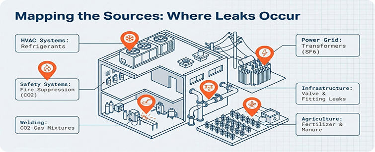 Facility map of fugitive sources: HVAC refrigerants, fire suppression CO₂, welding gases, SF₆ transformers, valve and fitting leaks, agriculture fertilizer and manure