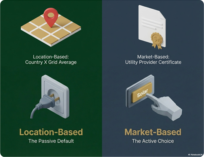 Location-Based versus Market-Based Scope 2: Country X grid average and passive default versus utility certificates and active choices such as solar