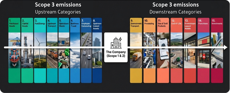 Scope 3 upstream categories 1–8 and downstream categories 9–15 around The Company (Scope 1 and 2)