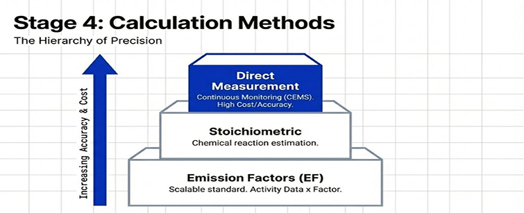 Stage 4 calculation methods — hierarchy of precision from emission factors to direct measurement
