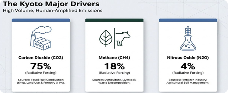 The Kyoto major drivers — CO₂ at 75%, CH₄ at 18%, and N₂O at 4% radiative forcing with emission sources