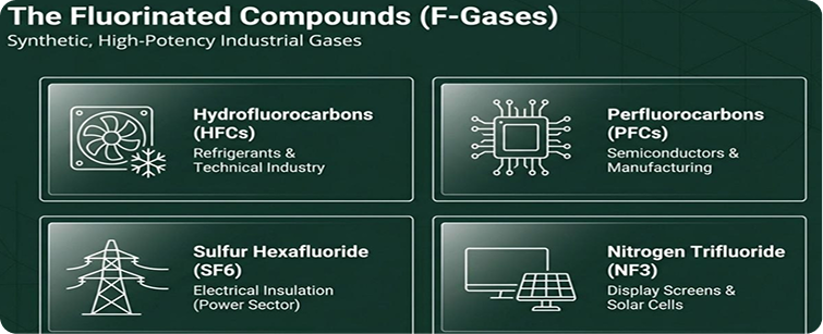 The fluorinated compounds (F-gases) — HFCs, PFCs, SF₆, and NF₃ with industrial uses