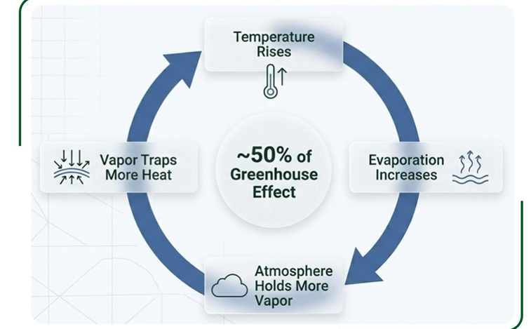 Water vapor feedback loop — roughly half of the greenhouse effect driven by temperature, evaporation, and atmospheric vapor